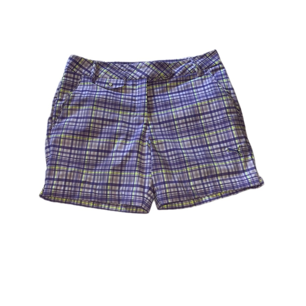 Sporty Puma Women's Plaid Golf Shorts - Purple and Green Size 6